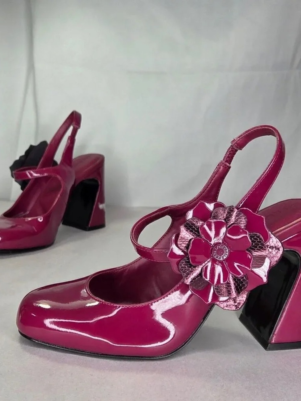 Women’s Fuchsia Patent Slingback Pumps with Floral Accent